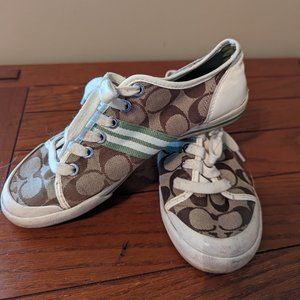 Coach Canvas Tennis Shoes Tan & Lime Green Ladies sz 6B *Needs Liners*